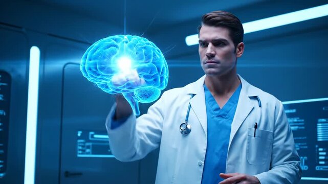 Man doctor holding abstract glowing blueprint of human brain. Male scientist researching neural network. Medicine and future medical science concept. - Powered by Adobe