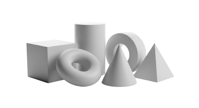 geometric 3D shapes, a torus and a cylinder, white and gray, abstract modern graphics, transparent PNG 4K (ज्यामितीय आकार)