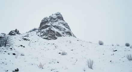 Snowy mountain summit in a stark winter landscape. Rugged rock formation covered in fresh powder. Concept of solitude and nature's power. Cold weather travel and alpine climbing