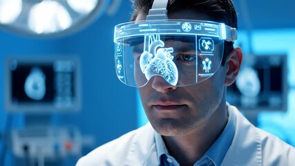 Male doctor using innovative augmented reality glasses with medical data visualization. Surgeon analyzing patient scan with future technology. - Powered by Adobe
