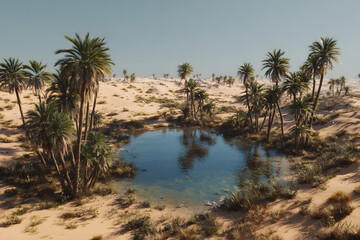 Fototapeta premium Serene oasis with palm trees and still water under a bright sun in a desert landscape