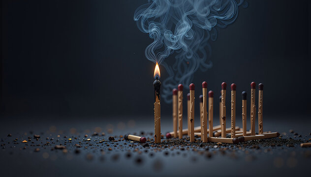 Burning matchstick surrounded by unlit matches symbolizing leadership and individuality on dark background
