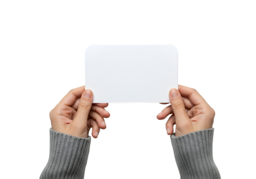 Hands holding a blank white card isolated on transparent background