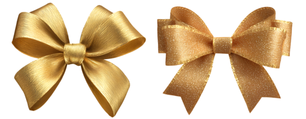 Set of golden paper ribbon bows isolated on white  background. Top and profile views.