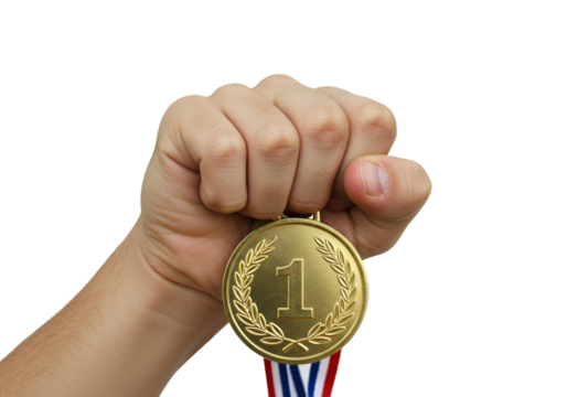 Hand holding a gold medal for first place isolated on transparent background