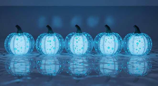 Row of five glowing translucent blue halloween pumpkins with carved faces casting ethereal light reflections on a wet surface - Powered by Adobe