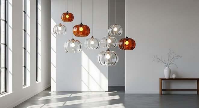 Modern interior design featuring a cluster of contemporary pendant lights with amber and clear glass shades illuminated by natural sunlight