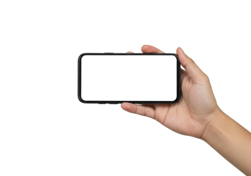 Hand holding a smartphone with a blank screen isolated on transparent background