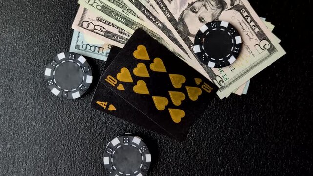 Playing blackjack or baccarat card game in casino with chips, bets and risk. Cards and chips on black felt as background for your design