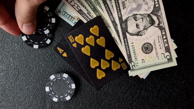Playing blackjack or baccarat card game in casino with chips, bets and risk. Cards and chips on black felt as background for your design