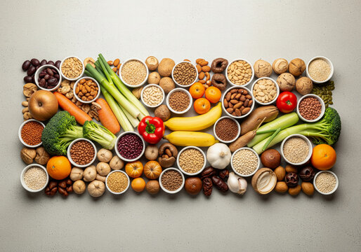 Top view of a large variety of vegan and vegetarian food. Plant-based ingredients like fruits, vegetables, legumes, and nuts for a healthy diet.