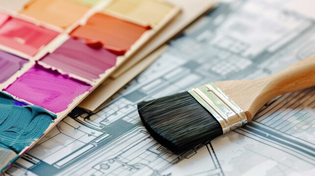 A paintbrush rests on architectural blueprints with color swatches in various shades nearby. The scene represents home improvement and design.
