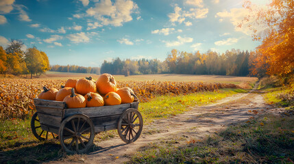 A pumpkin cart sits on a path against a backdrop of a pumpkin field and sunny sky