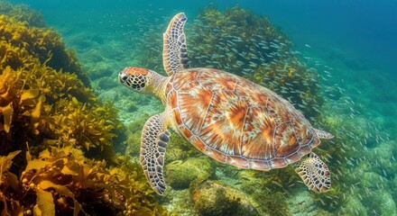 Green sea turtle swimming in a vibrant ocean reef. Marine wildlife in a thriving aquatic ecosystem. Concept for conservation and ecotourism adventure