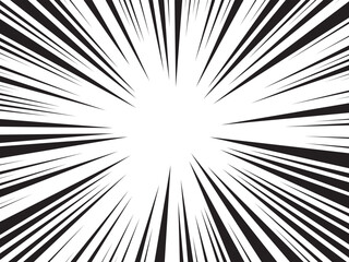 Obraz premium Comic speed line background, manga radial anime. Cartoon emphasis superhero frame, impact burst effect. Splash blast black bg. Graphic boom ray pop art. Abstract action element. Vector illustration