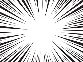 Obraz premium Comic speed line background, manga radial anime. Cartoon emphasis superhero frame, impact burst effect. Splash blast black bg. Graphic boom ray pop art. Abstract action element. Vector illustration