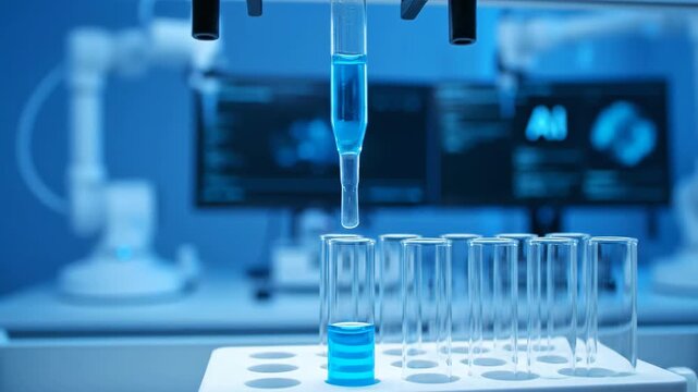 Robotic arm dropping blue liquid into a test tube. Scientific experiment automation in a modern laboratory. Chemistry innovation.