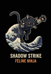 A vibrant graphic illustration features a fierce black cat, stylized as a ninja, executing a shadow strike on a Japanese wave, embodying feline agility.