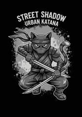 A captivating and detailed grayscale illustration showcases a powerful cat ninja in a crouching stance, wielding two katanas, ready for an urban stealth mission.