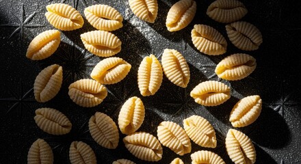 Artisanal homemade gnocchetti sardi pasta. Fresh uncooked Italian malloreddus with durum wheat semolina. Culinary flat lay with dramatic lighting. Gourmet food preparation concept
