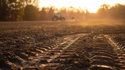 Close-up of tractor tire tracks on dry soil during sunset with a tractor blurred in the background, representing agriculture and farming.