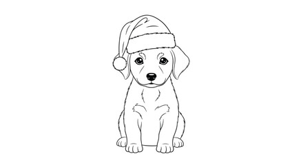 Charming line art drawing of a cute puppy wearing a festive Santa hat, perfect for holiday greetings and Christmas-themed designs.
