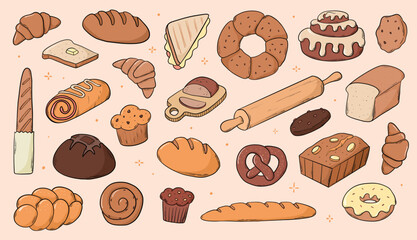 Bread doodles, cartoon elements, bakery theme clipart set for prints, social media visuals, cards, posters, stickers, product packaging, logos, etc. EPS 10