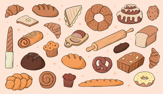 Bread doodles, cartoon elements, bakery theme clipart set for prints, social media visuals, cards, posters, stickers, product packaging, logos, etc. EPS 10