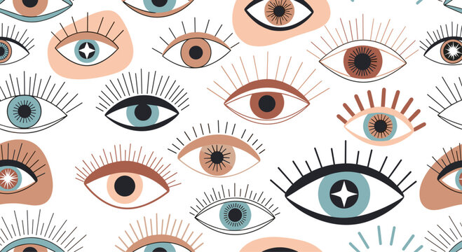 Mesmerizing seamless pattern features an eclectic mix of stylized evil eyes, each with distinct designs and elaborate eyelashes, set against a clean white background.