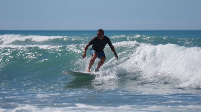 A man skillfully rides a wave on his surfboard at a beautiful beach under a clear blue sky. The shimmering ocean glistens in the sunlight, creating a vibrant scene.