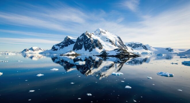 Antarctic peninsula with snow covered mountains. Perfect reflection in calm polar ocean. Floating icebergs and glacier scenery. Climate change concept for environmental awareness