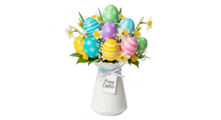 Festive easter egg bouquet in a white vase with ribbon