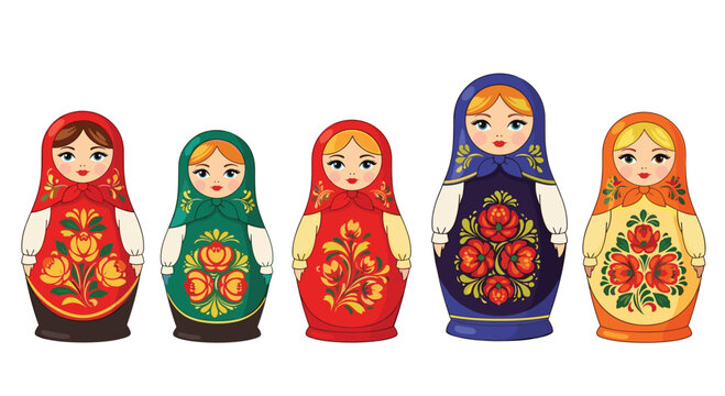Colorful row of traditional Russian nesting dolls, known as Matryoshka dolls, showcasing intricate floral patterns and vibrant designs, representing cultural artistry.