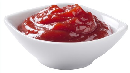 A rich, red condiment is presented in a small white bowl, perfect for adding flavor to fries or burgers at a casual dining setting, likely during lunch or dinner.