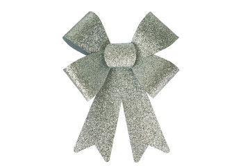 close-up of a sparkly silver christmas bow, glittery ribbon decoration isolated on a white background with significant empty space for text, banner, concept of holidays, gift wrapping, new year.