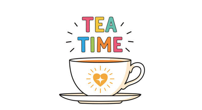 Cheerful and colorful "Tea Time" typography design above a cute teacup with a radiant heart motif, perfect for cozy and warm beverage-related themes.