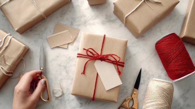 A beautifully wrapped present in kraft paper with a red string bow is the centerpiece, with gift tags, scissors, and twine arranged around it. The image captures festive DIY gift wrapping ideas