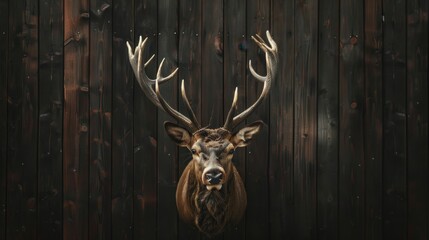 Mounted deer head with large antlers on dark wooden wall indoors, hunting trophy concept.