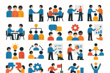 Business Teamwork and Office Collaboration Flat Illustration Set