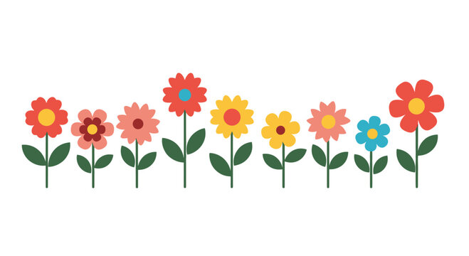 A cheerful row of diverse cartoon flowers in various colors, with green stems and leaves, creating a lively and colorful garden scene, perfect for spring and summer themes.