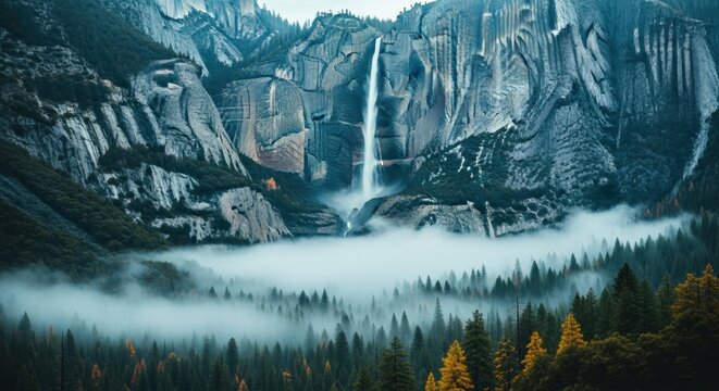 Dramatic waterfall flowing down a sheer rock face in a mountain valley. Foggy morning mist over a dense pine tree forest. Iconic national park scenery for adventure travel marketing