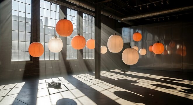 Illuminated hanging lanterns casting dramatic shadows across a sunlit industrial loft space with large windows and exposed beams - Powered by Adobe