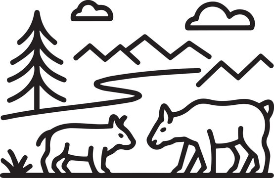 Minimalist mountain landscape illustration with two deer, pine tree and winding river, perfect for logo design, camping gear, or outdoor adventure branding