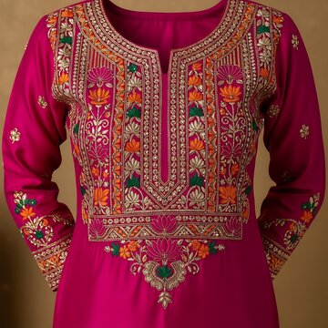 Intricately embroidered traditional fuchsia pink kurti with colorful floral patterns and detailed stitching on the neckline and sleeves