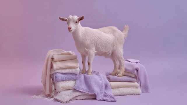 A small white goat stands on a stack of folded blankets in pastel colors. The background features a soft gradient of purple hues.