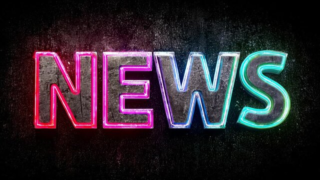 Illuminated neon letters spelling 'NEWS' against a dark textured background. The letters are vibrant and colorful, creating a striking visual effect.