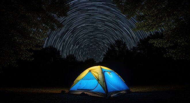 Illuminated camping tent in the wilderness at night. Long exposure astrophotography showing circular star trails. Outdoor adventure and travel lifestyle. Solitude and stargazing concept