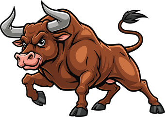 Cartoon muscular bull in aggressive stance, strong animal with curved horns and fierce expression, vector illustration for sports, finance, and motivation themes