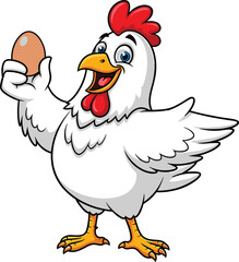 Cartoon chicken holding egg, smiling farm animal, cute poultry character, vector mascot for agriculture, kids education, food, farming, and egg production