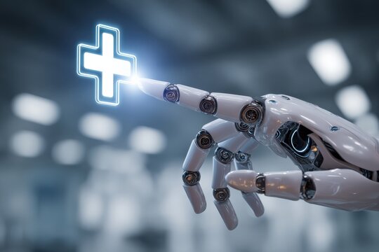 A robotic arm extends, its metallic fingers poised to touch a glowing medical cross. ..Created with Generative AI, not depicting real subjects. - Powered by Adobe